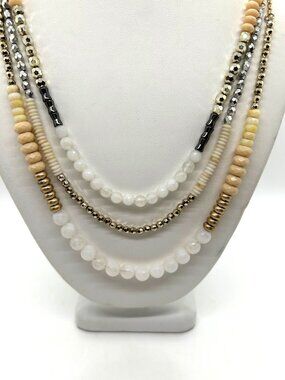 Lane Bryant Necklace Layered Beige White Silver-tone Beaded With Gold-tone 28 in